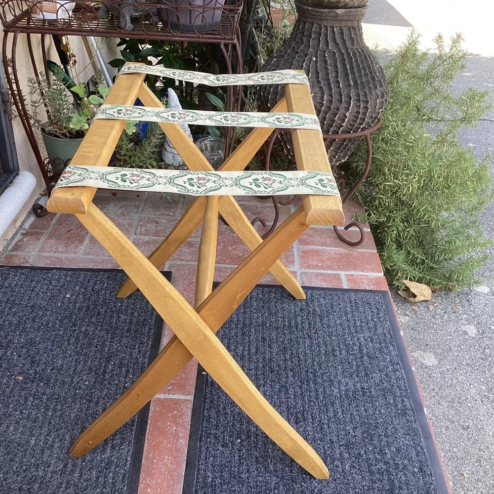 Vintage Wood Folding Luggage Rack Floral Tapestry Straps Natural Finish Stand